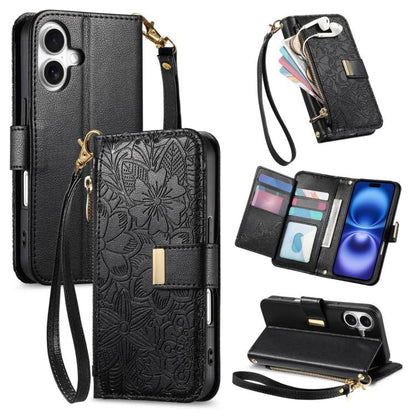 Flowers Leaves Zipper Wallet Leather Phone Case with Strap