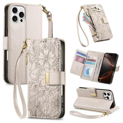 Flowers Leaves Zipper Wallet Leather Phone Case with Strap