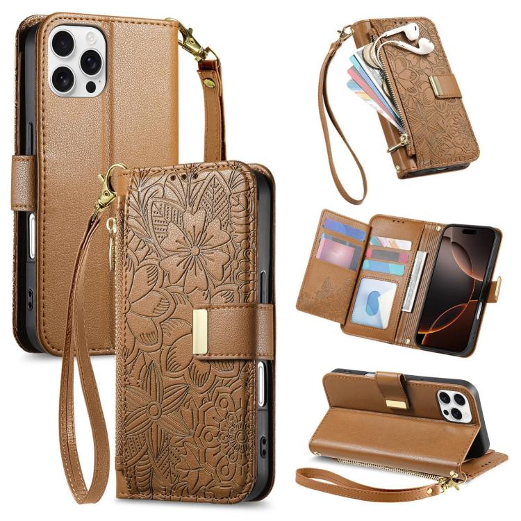 Flowers Leaves Zipper Wallet Leather Phone Case with Strap