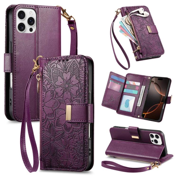 Flowers Leaves Zipper Wallet Leather Phone Case with Strap