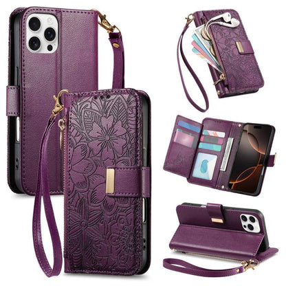 Flowers Leaves Zipper Wallet Leather Phone Case with Strap