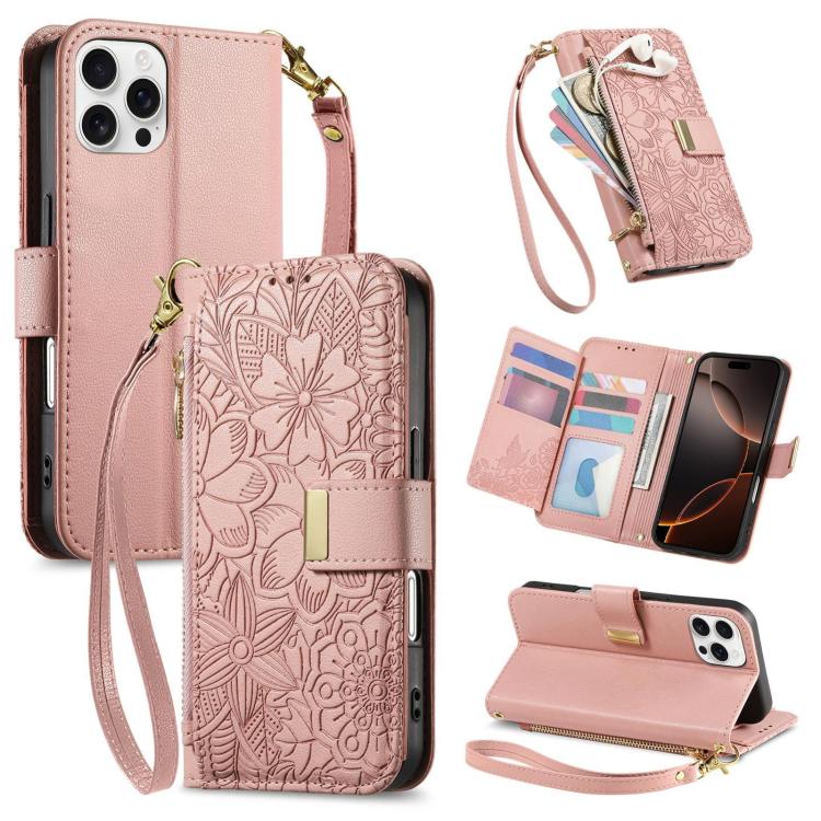 Flowers Leaves Zipper Wallet Leather Phone Case with Strap
