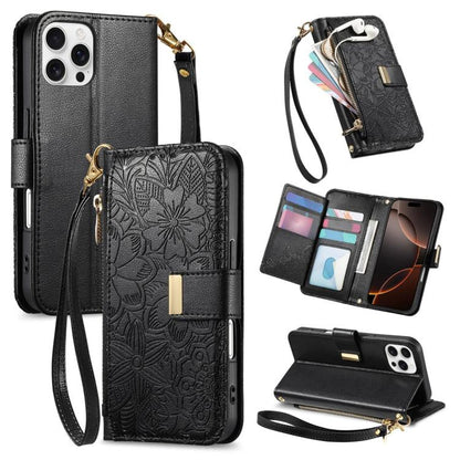 Flowers Leaves Zipper Wallet Leather Phone Case with Strap
