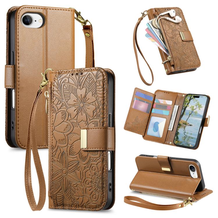 Flowers Leaves Zipper Wallet Leather Phone Case with Strap
