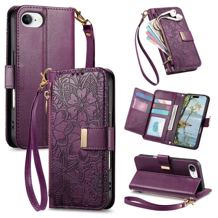 Flowers Leaves Zipper Wallet Leather Phone Case with Strap