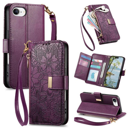 Flowers Leaves Zipper Wallet Leather Phone Case with Strap