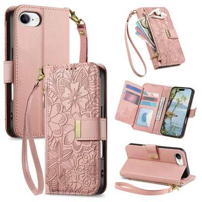 Flowers Leaves Zipper Wallet Leather Phone Case with Strap