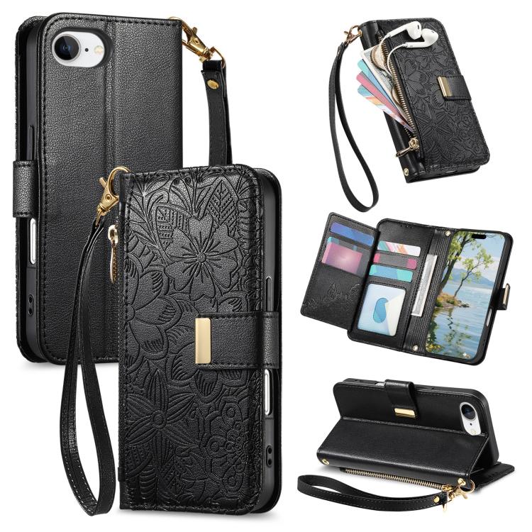 Flowers Leaves Zipper Wallet Leather Phone Case with Strap