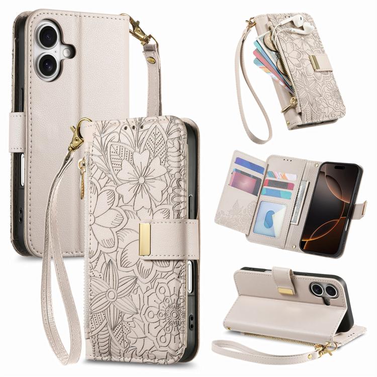 Flowers Leaves Zipper Wallet Leather Phone Case with Strap