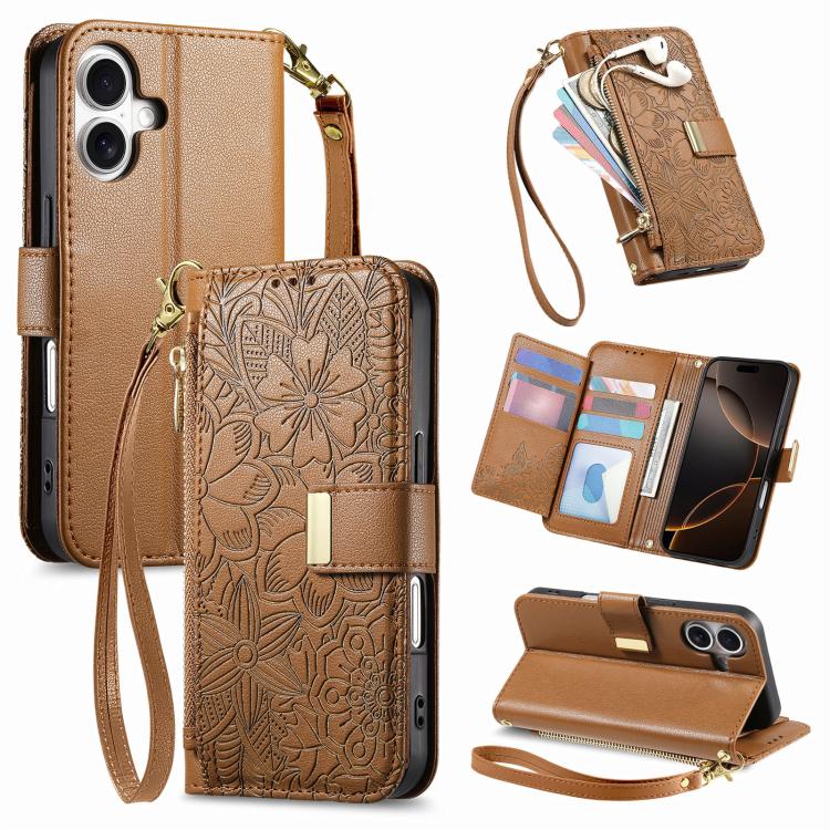 Flowers Leaves Zipper Wallet Leather Phone Case with Strap