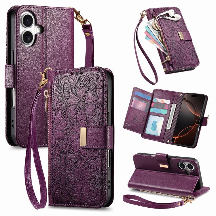 Flowers Leaves Zipper Wallet Leather Phone Case with Strap