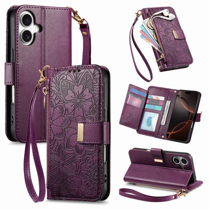 Flowers Leaves Zipper Wallet Leather Phone Case with Strap