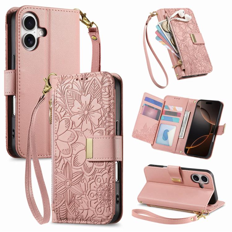 Flowers Leaves Zipper Wallet Leather Phone Case with Strap