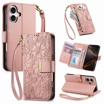 Flowers Leaves Zipper Wallet Leather Phone Case with Strap