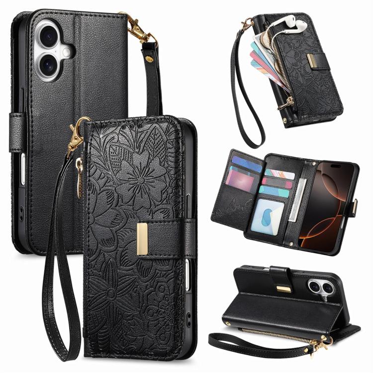 Flowers Leaves Zipper Wallet Leather Phone Case with Strap