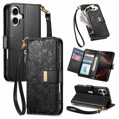 Flowers Leaves Zipper Wallet Leather Phone Case with Strap