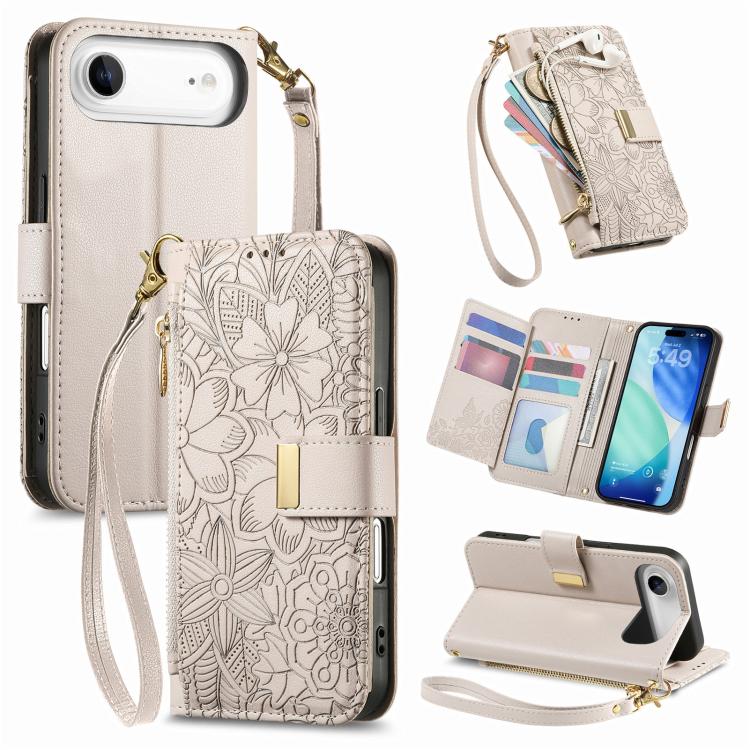 Flowers Leaves Zipper Wallet Leather Phone Case with Strap