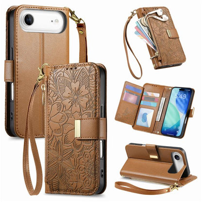 Flowers Leaves Zipper Wallet Leather Phone Case with Strap