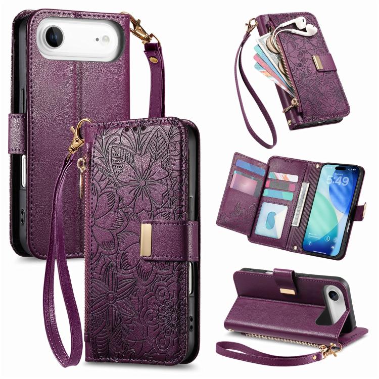 Flowers Leaves Zipper Wallet Leather Phone Case with Strap