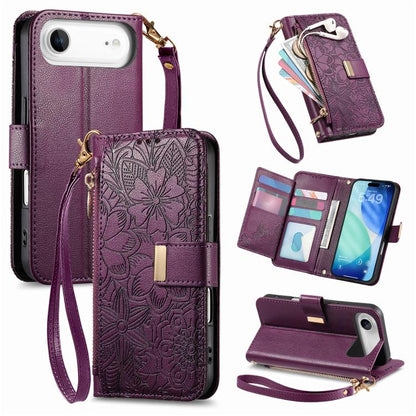 Flowers Leaves Zipper Wallet Leather Phone Case with Strap