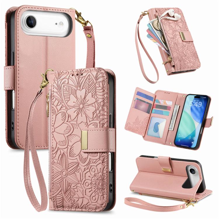 Flowers Leaves Zipper Wallet Leather Phone Case with Strap