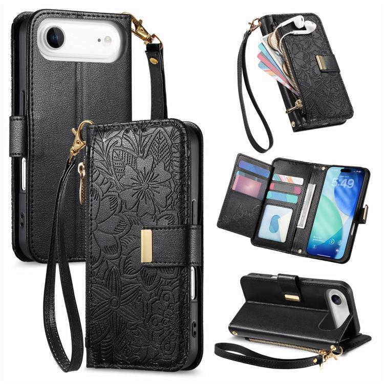 Flowers Leaves Zipper Wallet Leather Phone Case with Strap