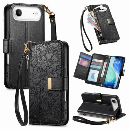 Flowers Leaves Zipper Wallet Leather Phone Case with Strap