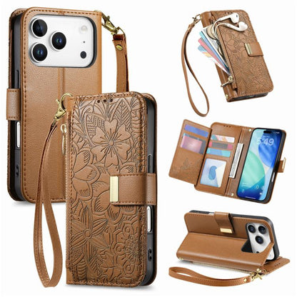 Flowers Leaves Zipper Wallet Leather Phone Case with Strap