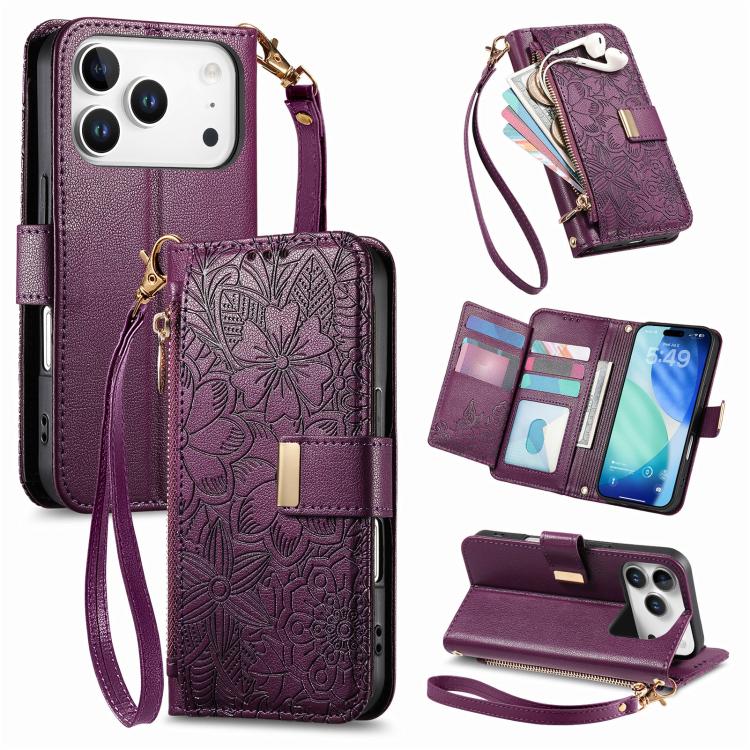Flowers Leaves Zipper Wallet Leather Phone Case with Strap