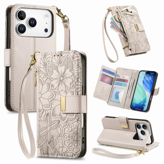 Flowers Leaves Zipper Wallet Leather Phone Case with Strap