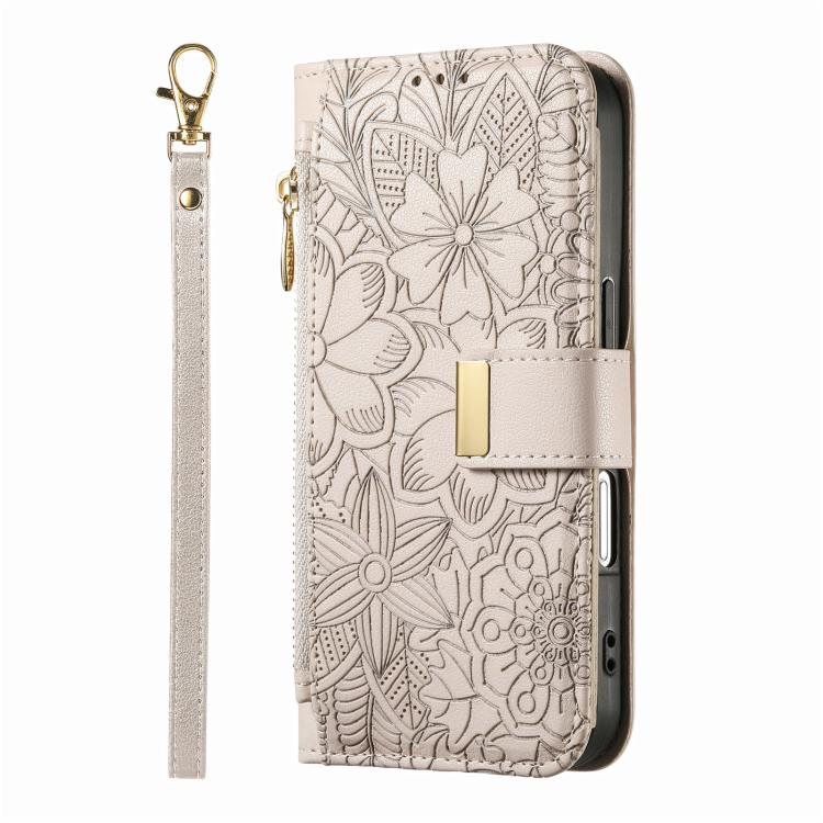 Flowers Leaves Zipper Wallet Leather Phone Case with Strap