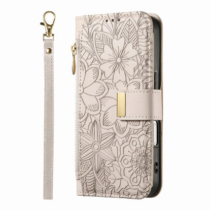 Flowers Leaves Zipper Wallet Leather Phone Case with Strap