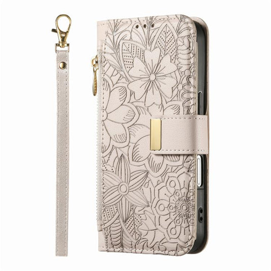Flowers Leaves Zipper Wallet Leather Phone Case with Strap