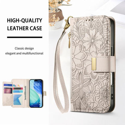 Flowers Leaves Zipper Wallet Leather Phone Case with Strap