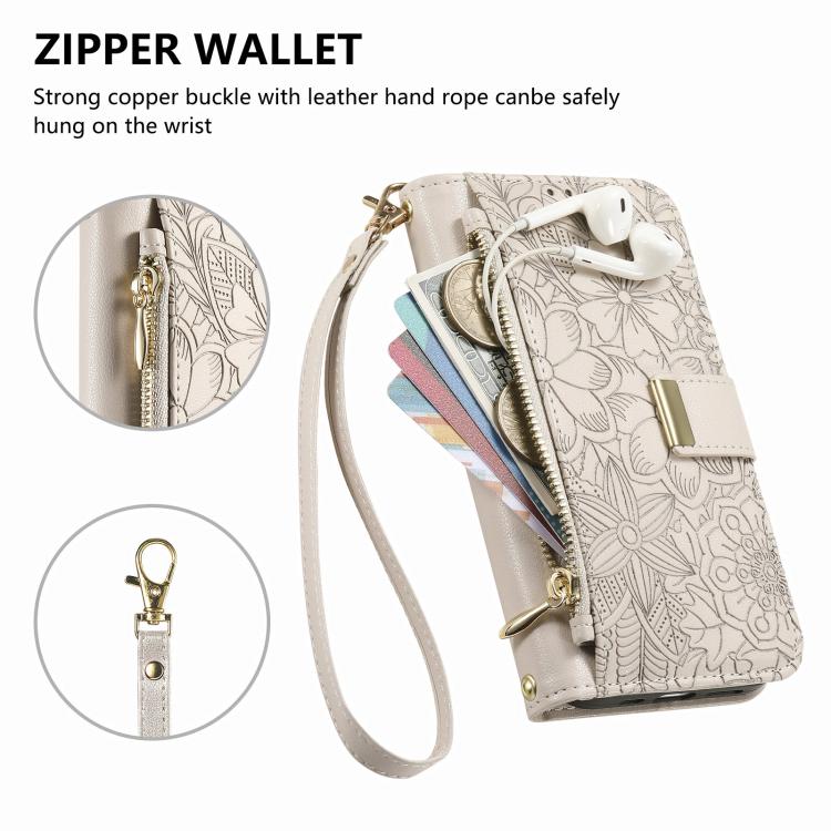 Flowers Leaves Zipper Wallet Leather Phone Case with Strap