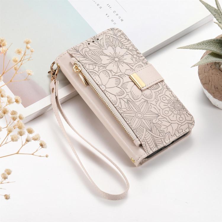 Flowers Leaves Zipper Wallet Leather Phone Case with Strap