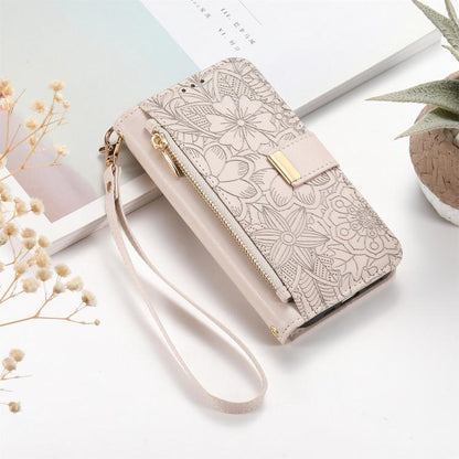 Flowers Leaves Zipper Wallet Leather Phone Case with Strap