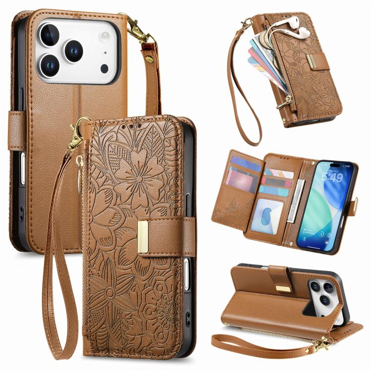 Flowers Leaves Zipper Wallet Leather Phone Case with Strap