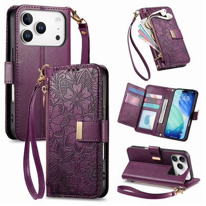 Flowers Leaves Zipper Wallet Leather Phone Case with Strap
