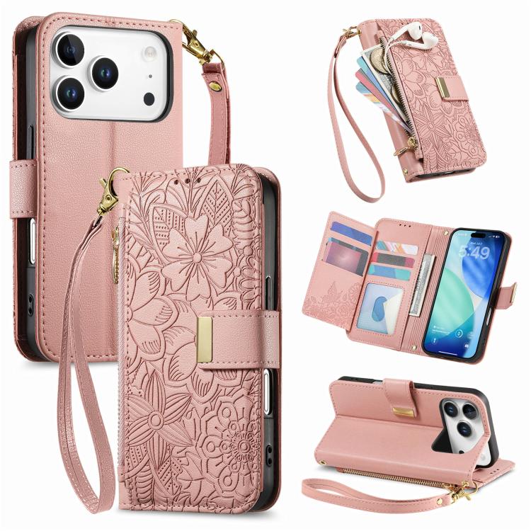Flowers Leaves Zipper Wallet Leather Phone Case with Strap