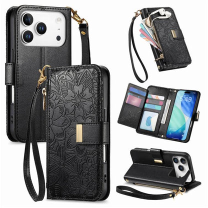 Flowers Leaves Zipper Wallet Leather Phone Case with Strap