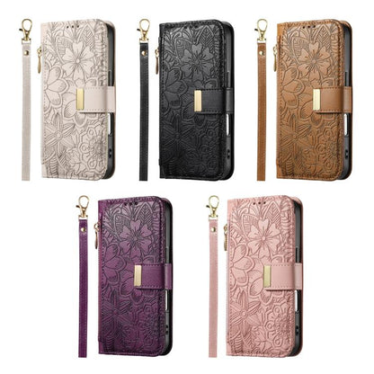 Flowers Leaves Zipper Wallet Leather Phone Case with Strap