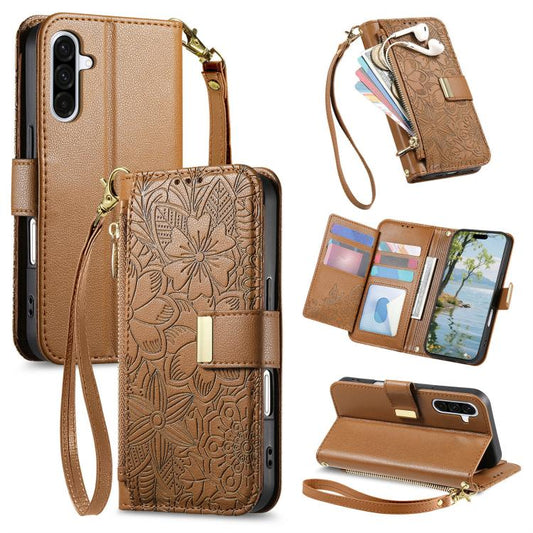 Flowers Leaves Zipper Wallet Leather Phone Case with Strap