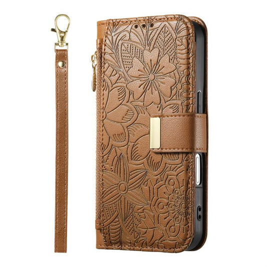 Flowers Leaves Zipper Wallet Leather Phone Case with Strap